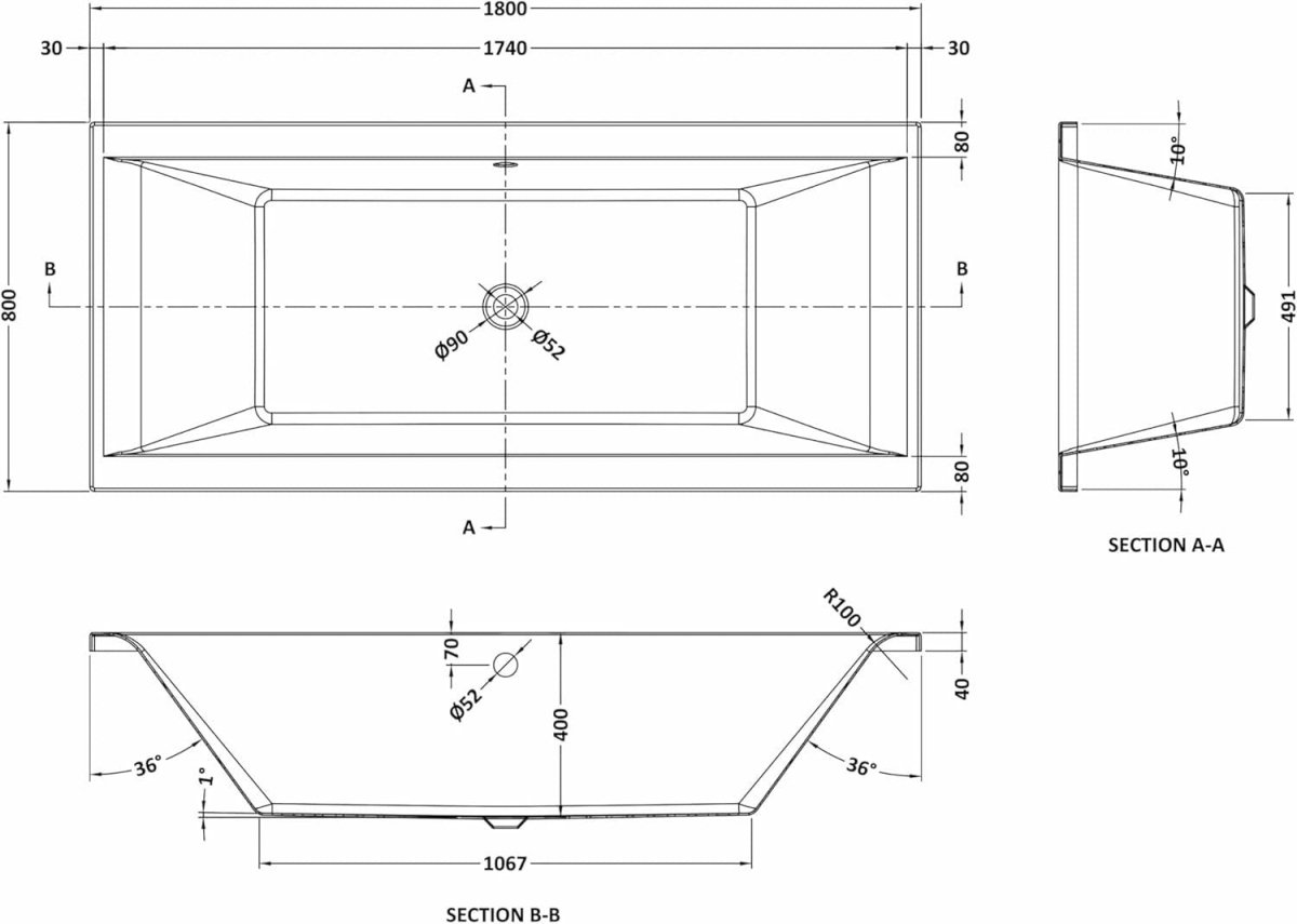 1800x800mm Square Double Ended Acrylic Shower Bath White Soaking Tub - Kwikley