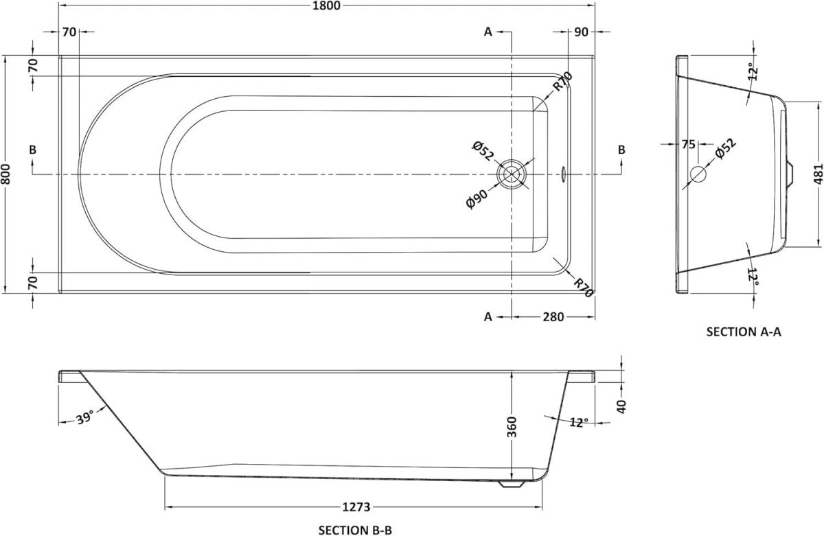 1800x800mm White Single Ended Freestanding Acrylic Bath Tub Glossy - Kwikley