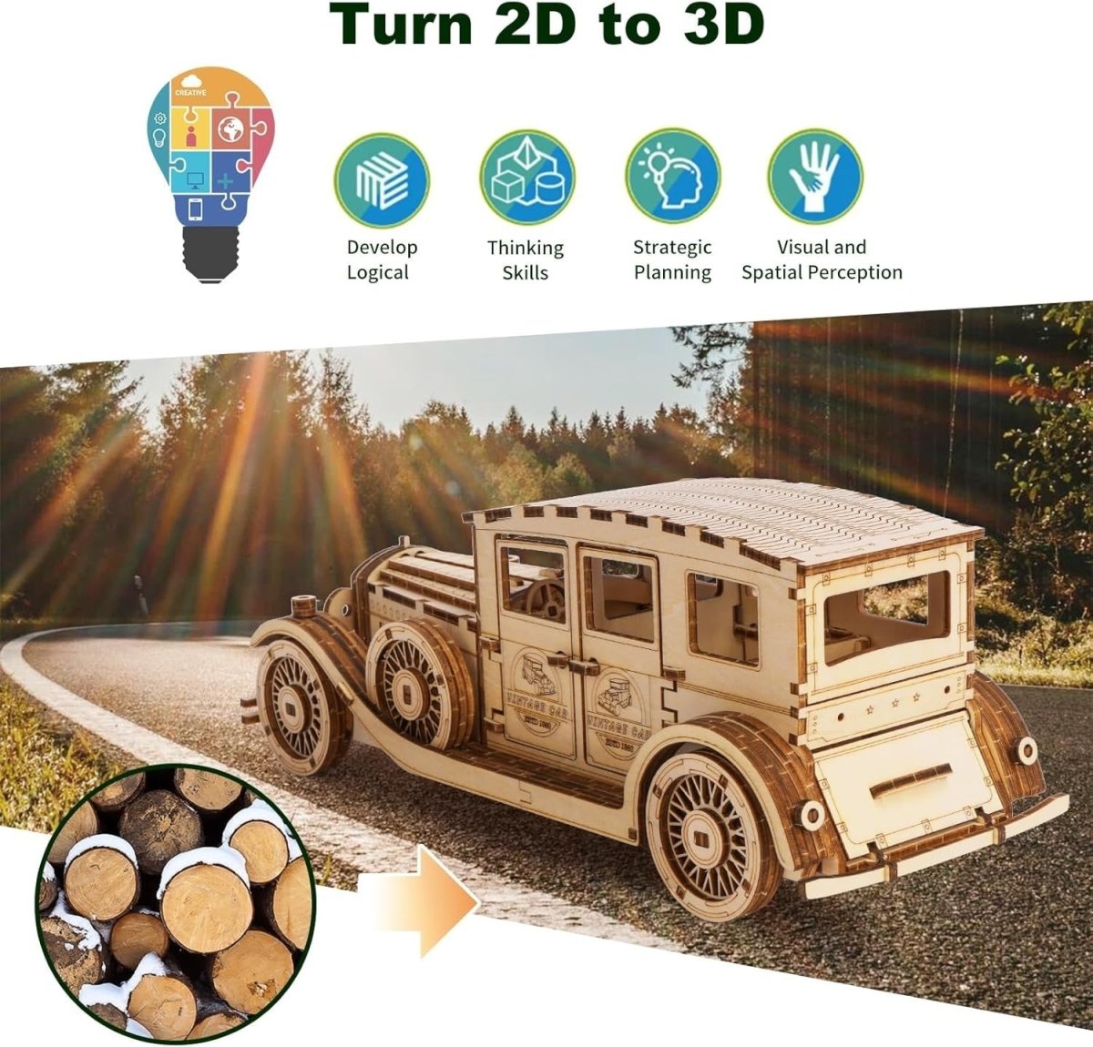 187pc Vintage Car 3D Wooden Puzzle DIY Mechanical Model Kit Build - Kwikley