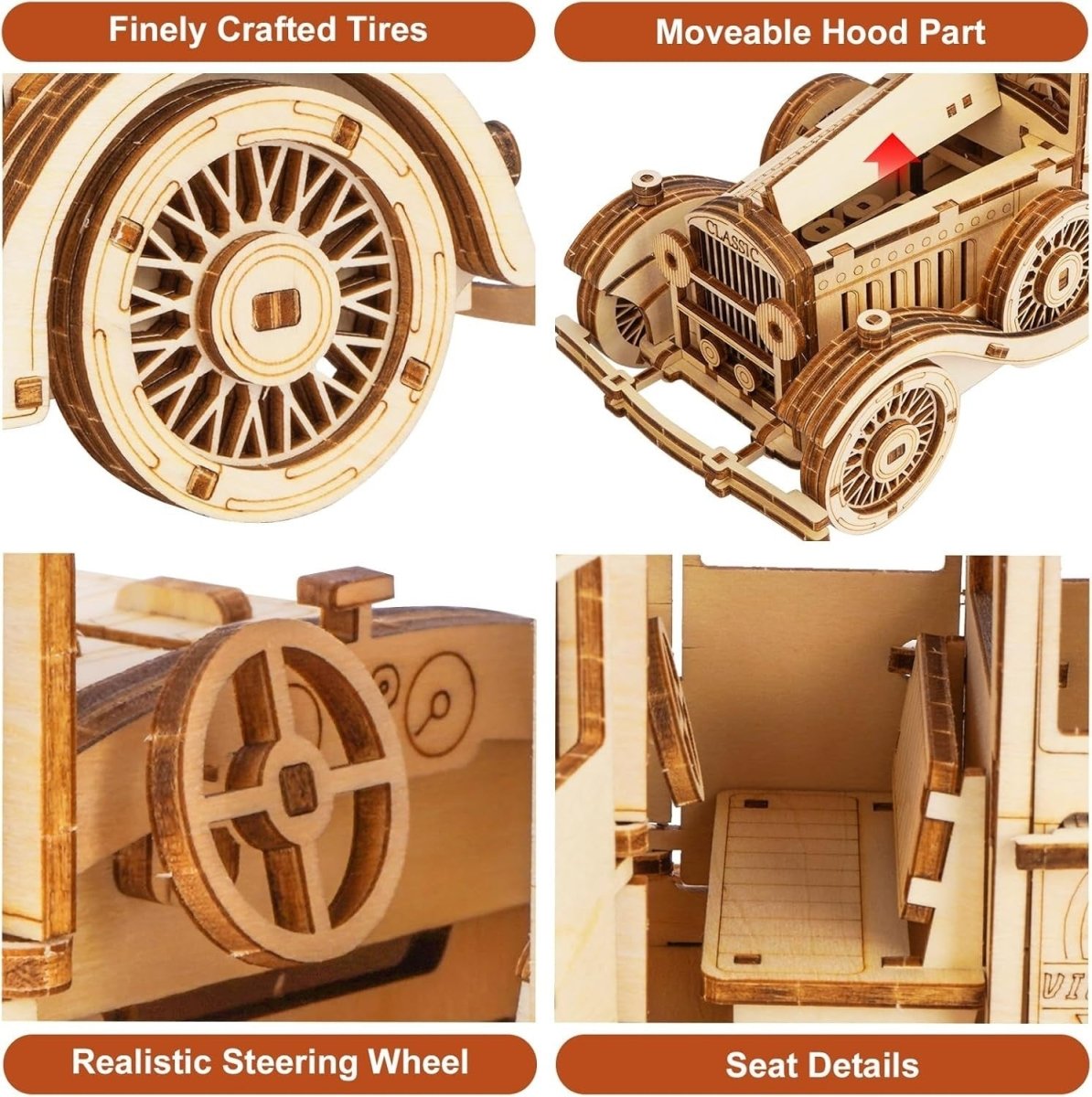 187pc Vintage Car 3D Wooden Puzzle DIY Mechanical Model Kit Build - Kwikley