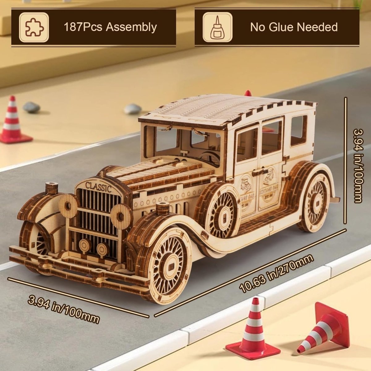 187pc Vintage Car 3D Wooden Puzzle DIY Mechanical Model Kit Build - Kwikley