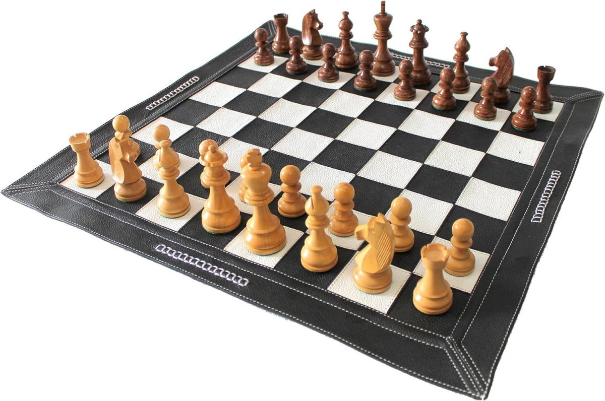 19" Leather Roll - Up Tournament Chess Set | Wooden Staunton Pieces | Travel Board - Kwikley