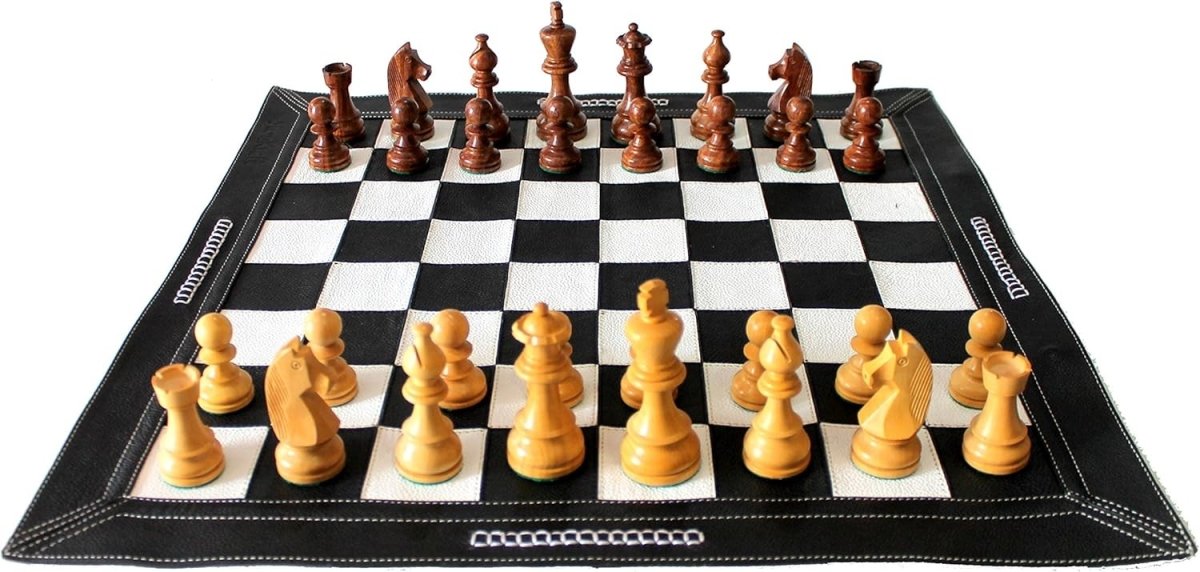 19" Leather Roll - Up Tournament Chess Set | Wooden Staunton Pieces | Travel Board - Kwikley