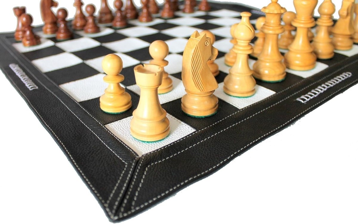 19" Leather Roll - Up Tournament Chess Set | Wooden Staunton Pieces | Travel Board - Kwikley