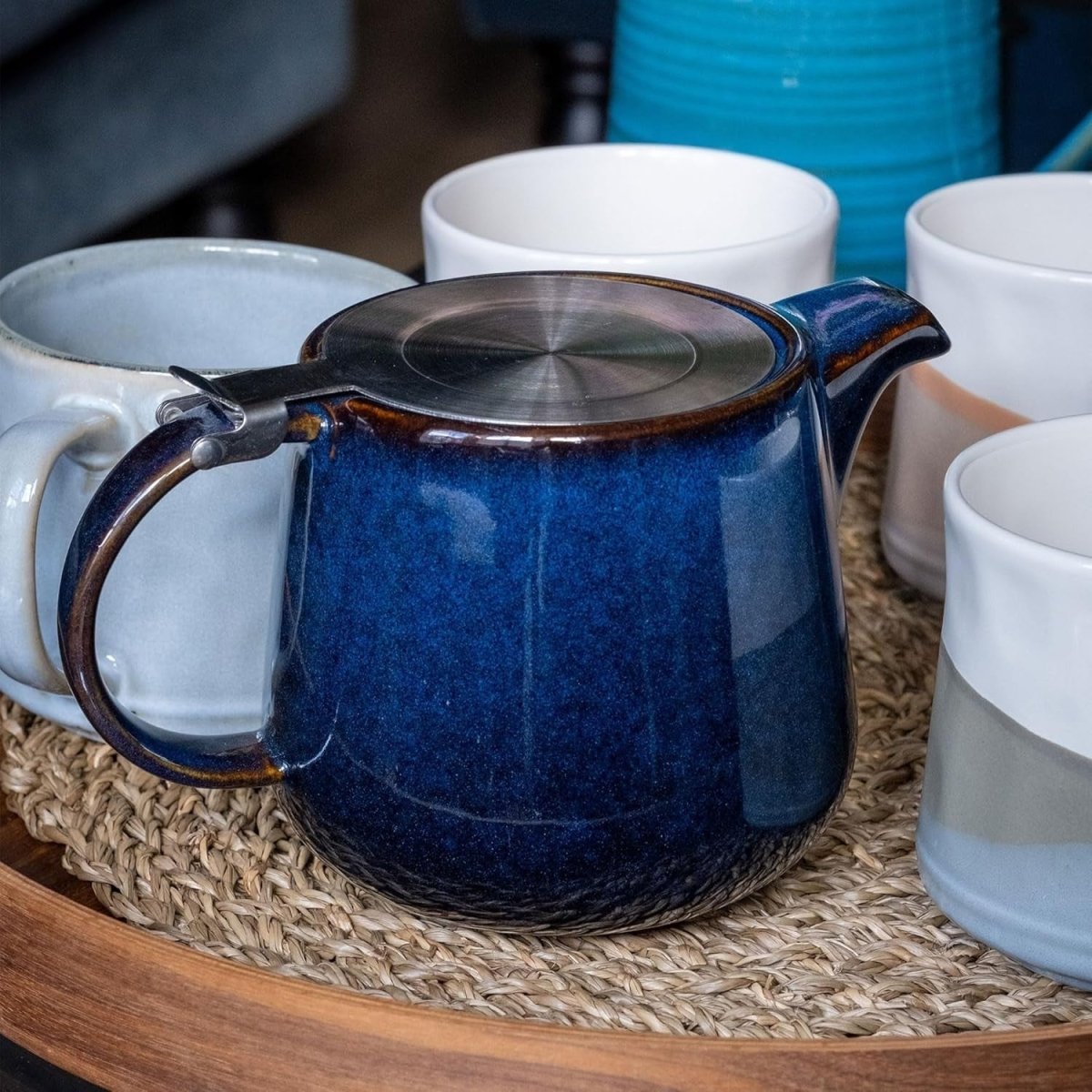 1L Ceramic Teapot with Infuser Blue Nordic Tea Pot Loose Leaf Tea - Kwikley