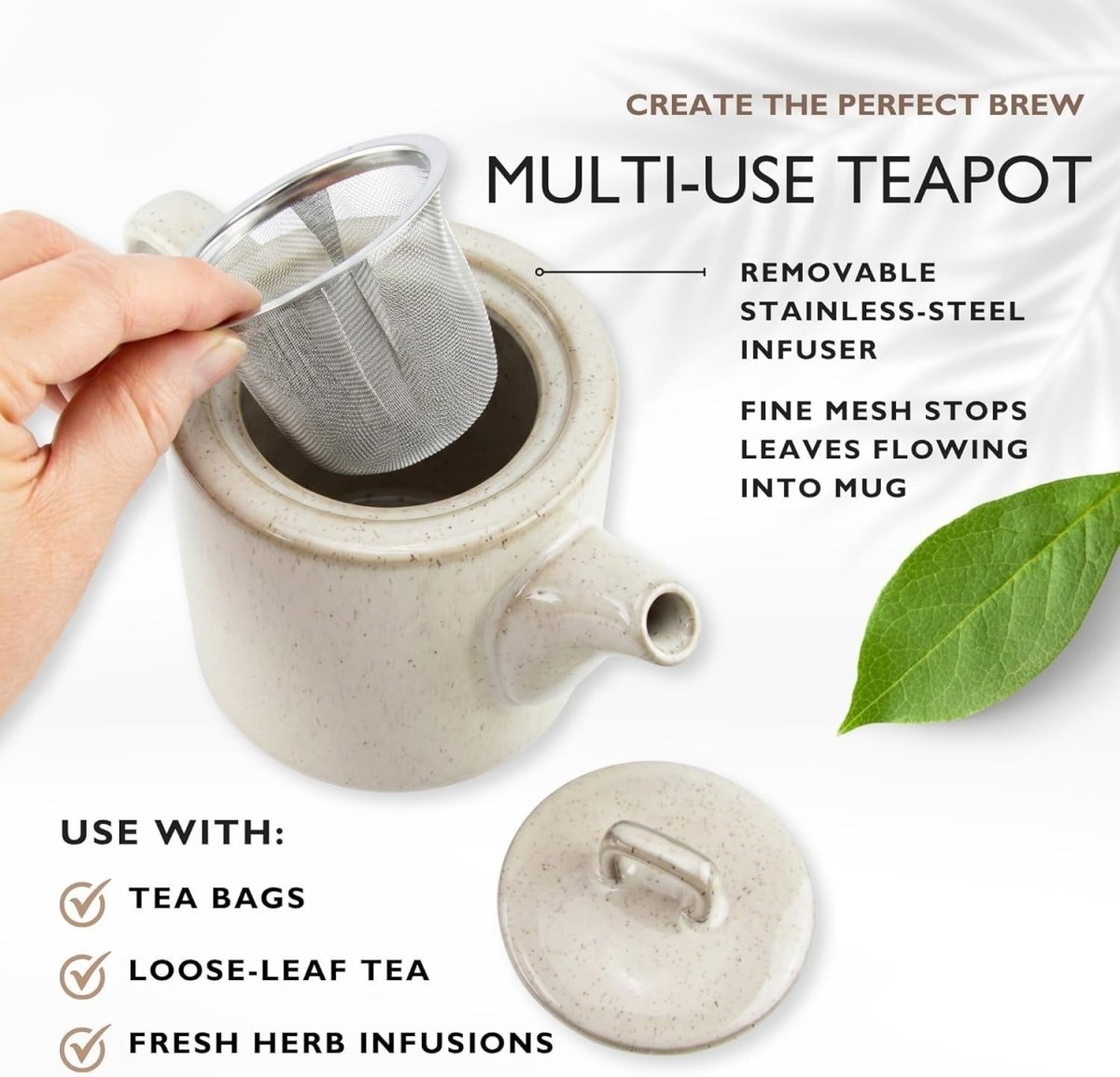 1L Ceramic Teapot with Infuser Cream Nordic Loose Leaf Tea Pot Strainer - Kwikley