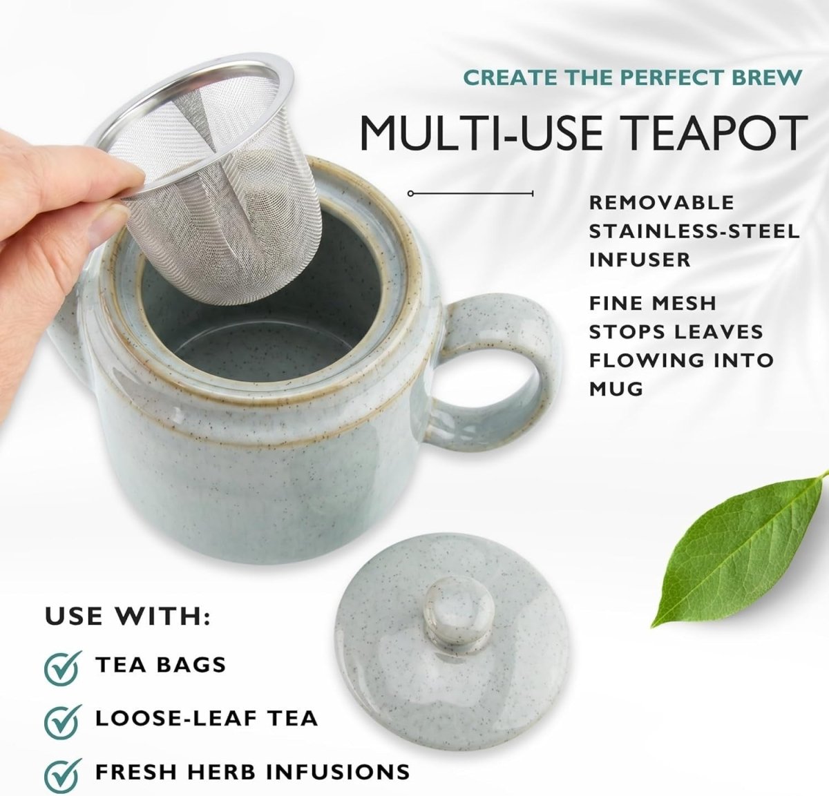 1L Ceramic Teapot with Infuser Duck Egg Blue Loose Leaf Tea Pot - Kwikley