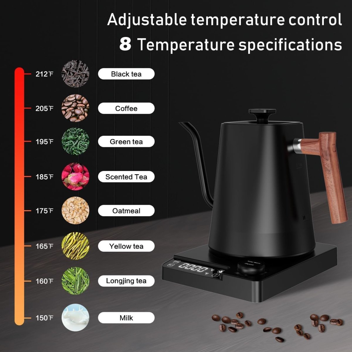 1L Electric Gooseneck Kettle Digital Temp Control Fast Boil Black - Kwikley
