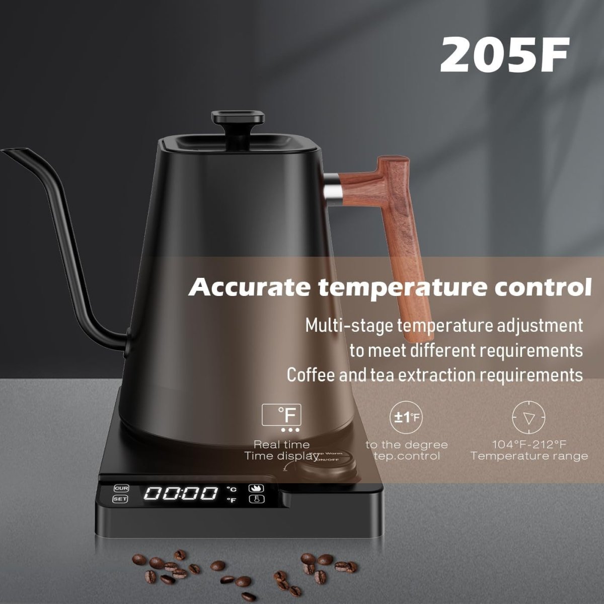 1L Electric Gooseneck Kettle Digital Temp Control Fast Boil Black - Kwikley