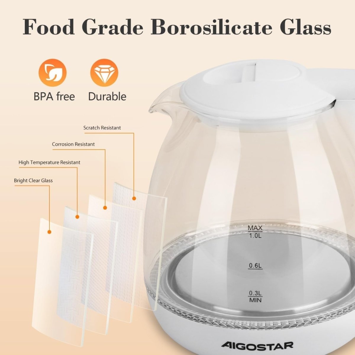 1L Glass Electric Kettle Fast Boil Cordless Auto Shut - Off Water Boiler - Kwikley