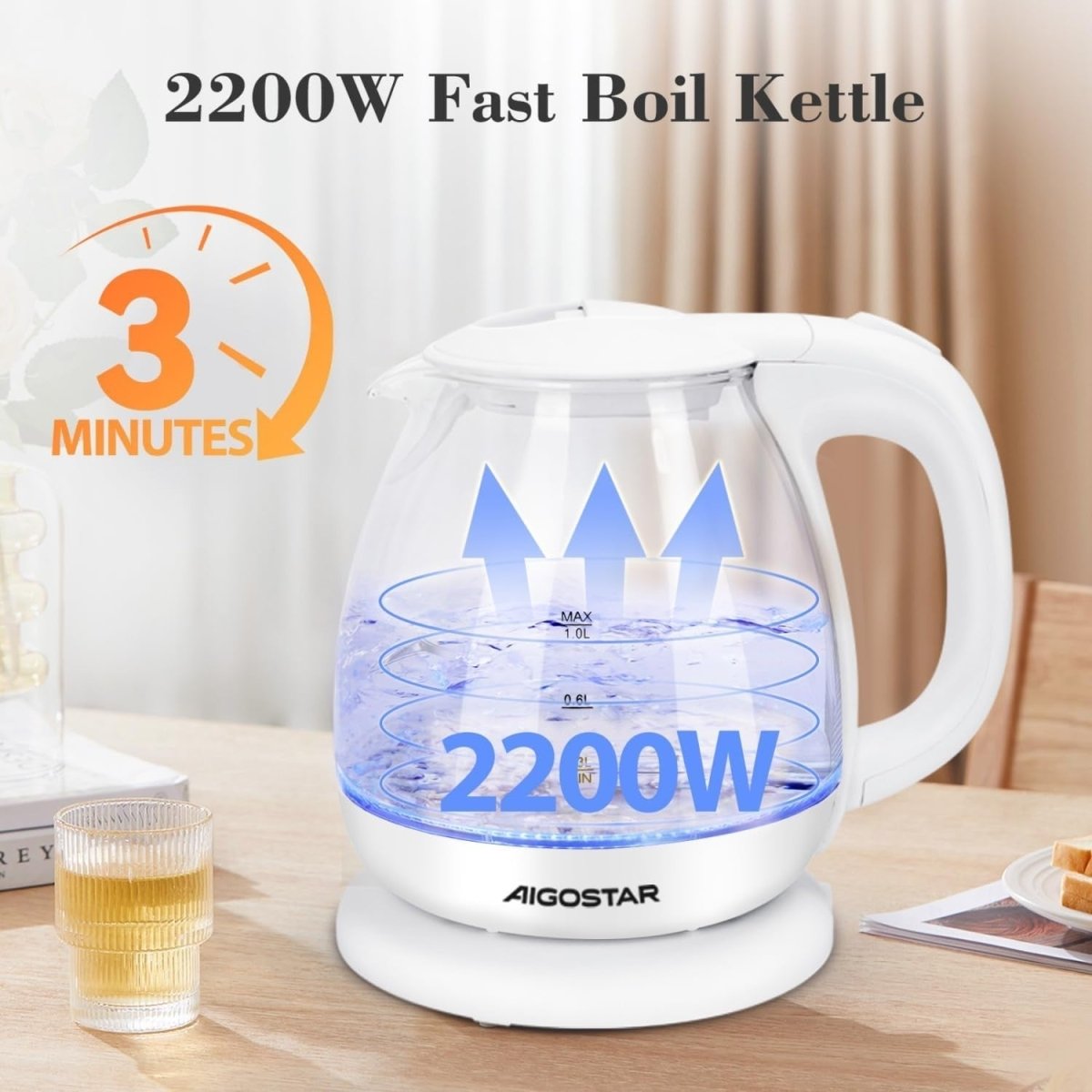 1L Glass Electric Kettle Fast Boil Cordless Auto Shut - Off Water Boiler - Kwikley