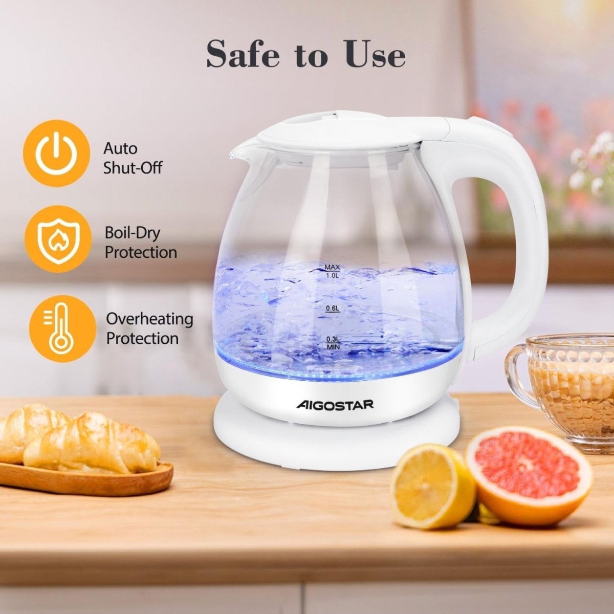 1L Glass Electric Kettle Fast Boil Cordless Auto Shut - Off Water Boiler - Kwikley