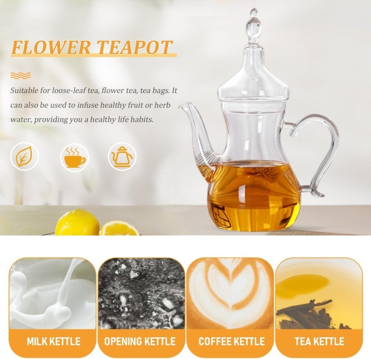 1L Glass Teapot with Built In Infuser Heat Resistant Herbal Tea Maker - Kwikley