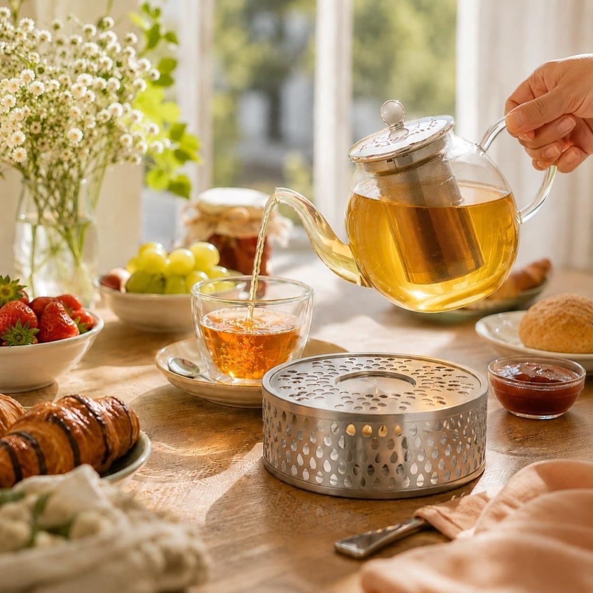 1L Glass Teapot with Silver Warmer Stainless Filter Drip Free Tea Pot - Kwikley