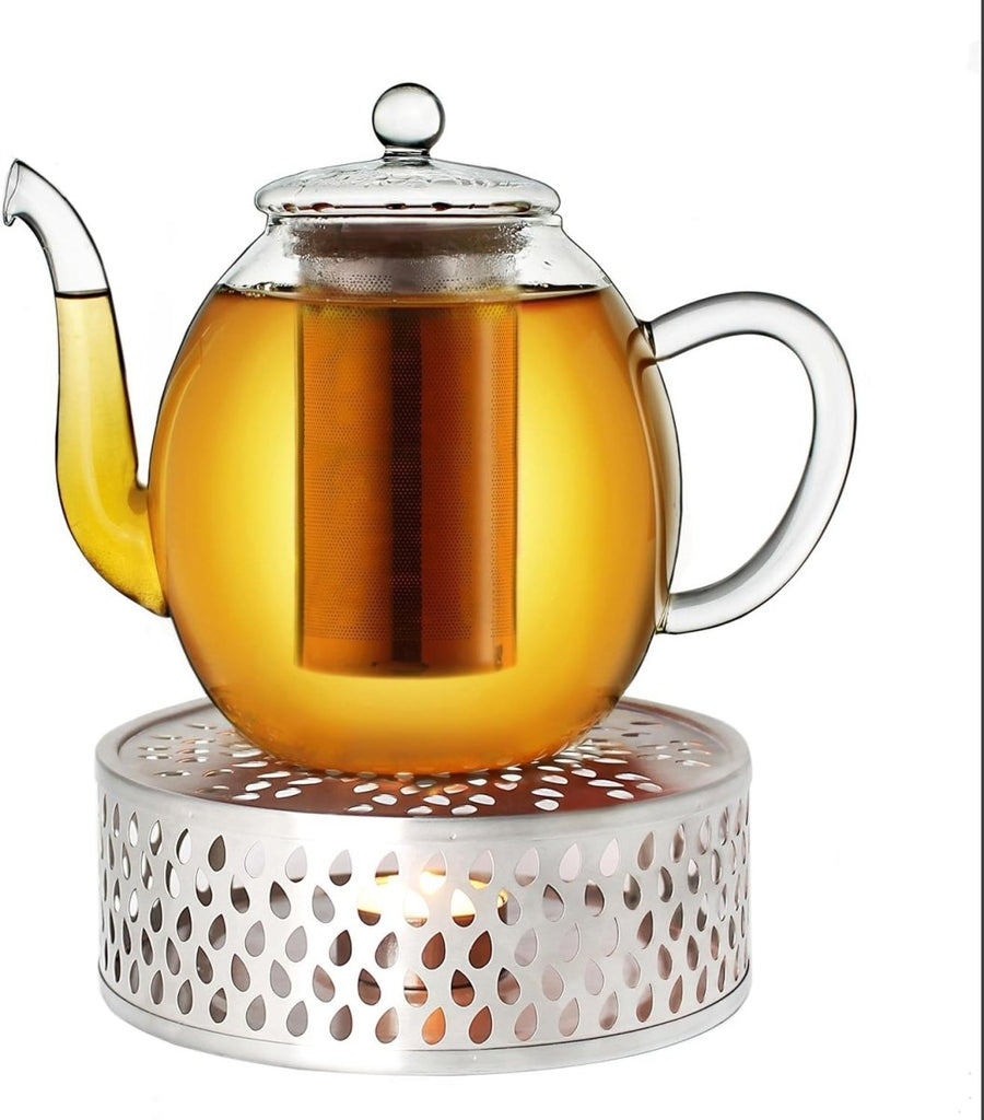 1L Glass Teapot with Silver Warmer Stainless Filter Drip Free Tea Pot - Kwikley