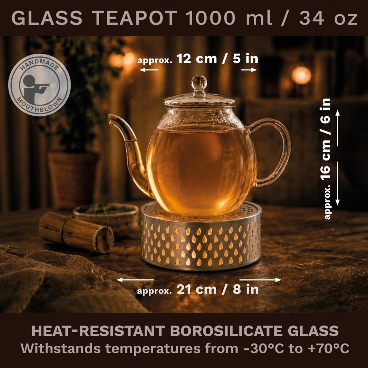 1L Glass Teapot with Silver Warmer Stainless Filter Drip Free Tea Pot - Kwikley