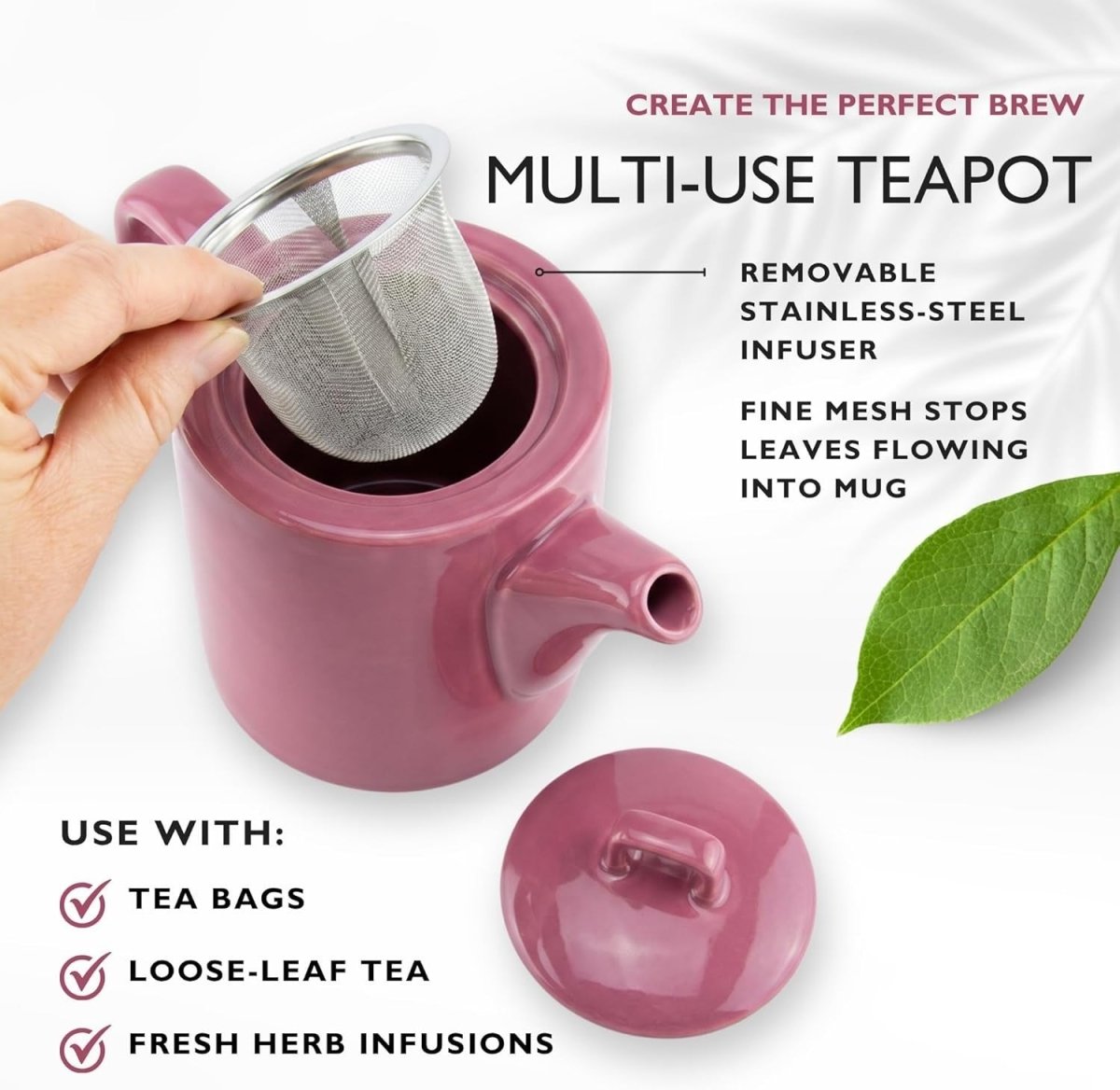 1L Pink Ceramic Teapot with Infuser Nordic Loose Leaf Tea Pot Strainer - Kwikley