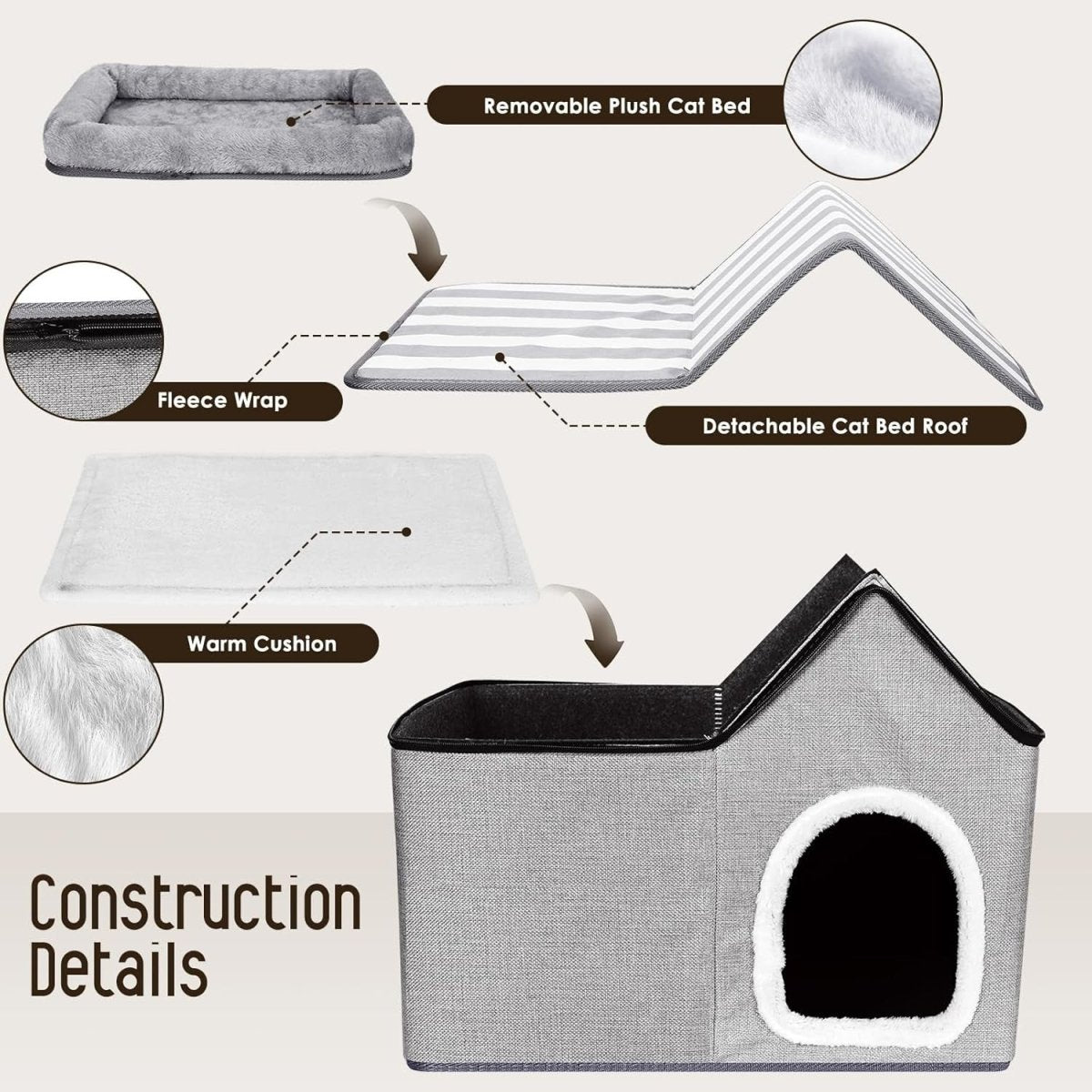 2 in 1 Cat House Bed Large Detachable Cat Cave Washable Cushion Grey - Kwikley