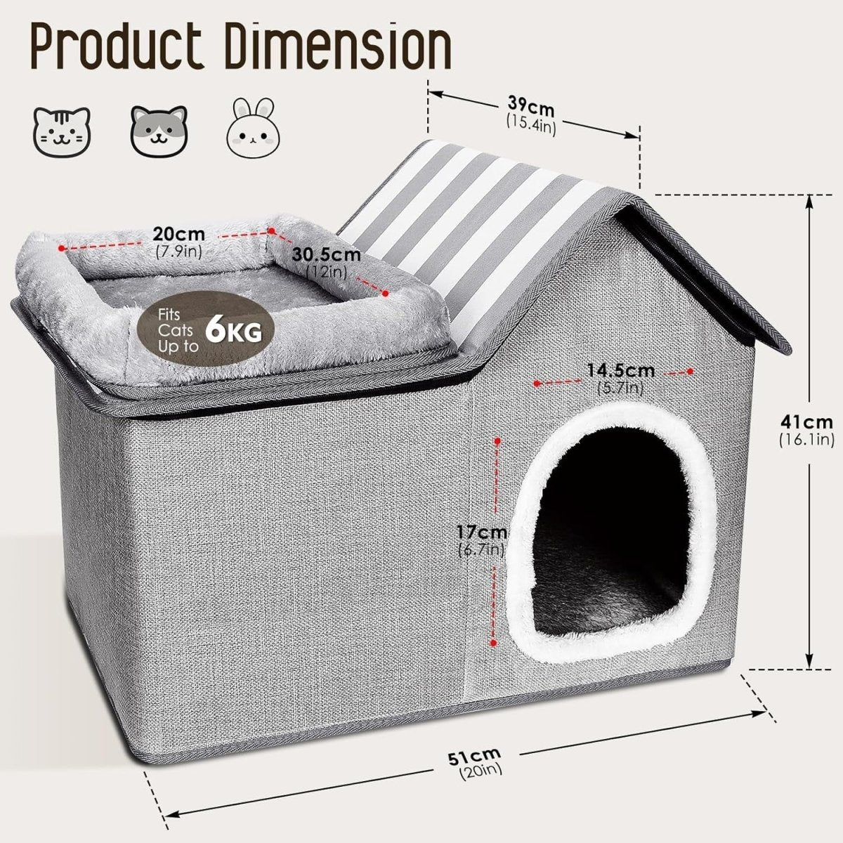 2 in 1 Cat House Bed Large Detachable Cat Cave Washable Cushion Grey - Kwikley