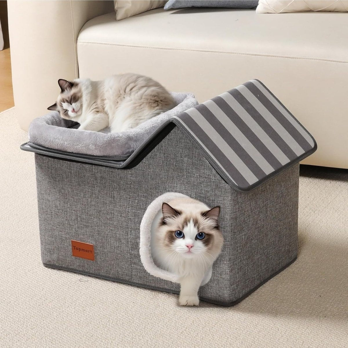 2 in 1 Cat House Bed Large Detachable Cat Cave Washable Cushion Grey - Kwikley