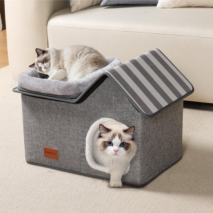 2 in 1 Cat House Bed Large Detachable Cat Cave Washable Cushion Grey - Kwikley