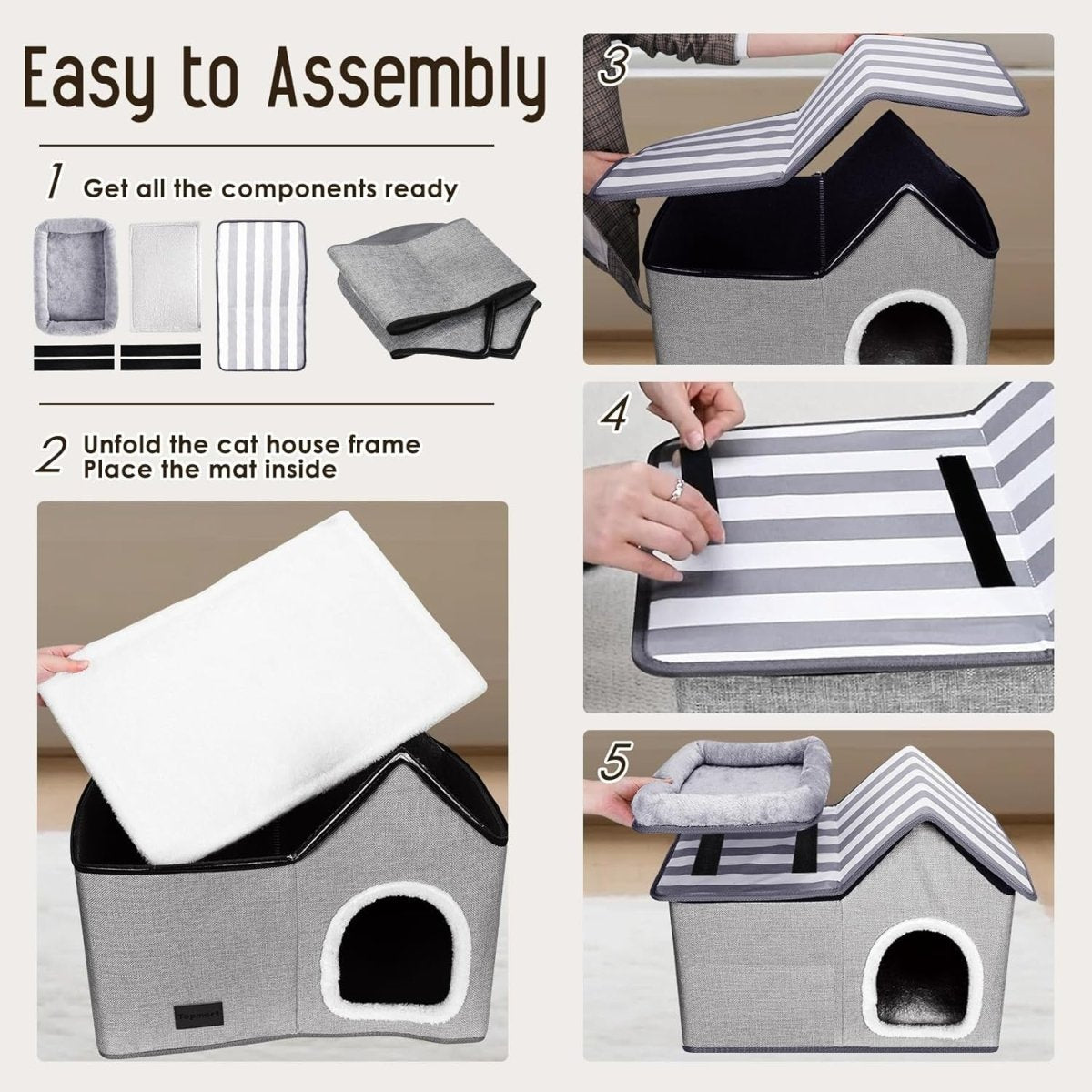 2 in 1 Cat House Bed Large Detachable Cat Cave Washable Cushion Grey - Kwikley