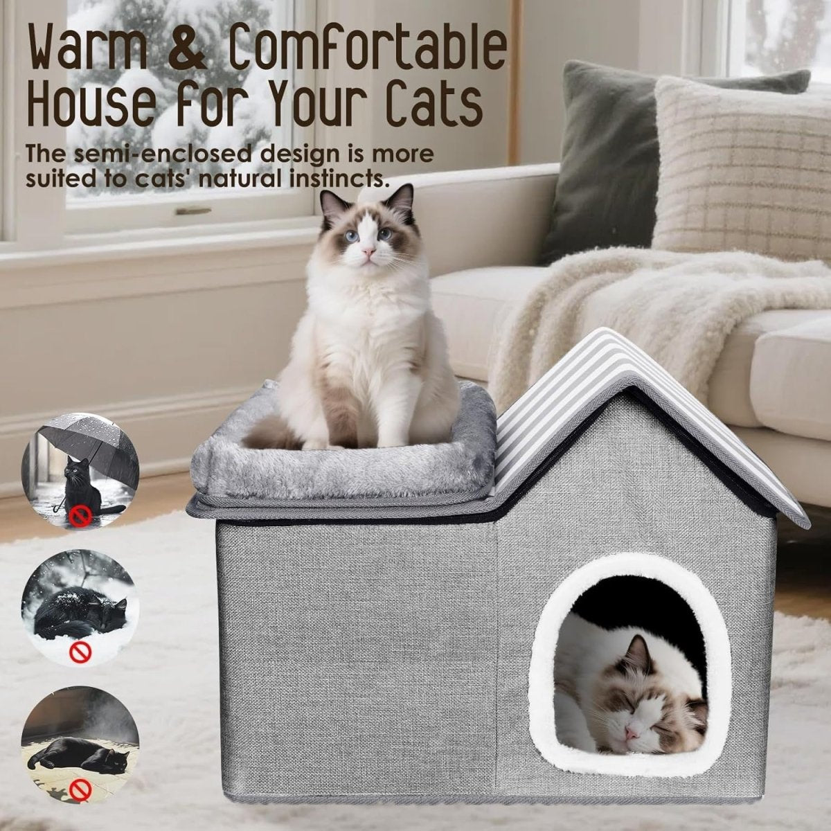 2 in 1 Cat House Bed Large Detachable Cat Cave Washable Cushion Grey - Kwikley