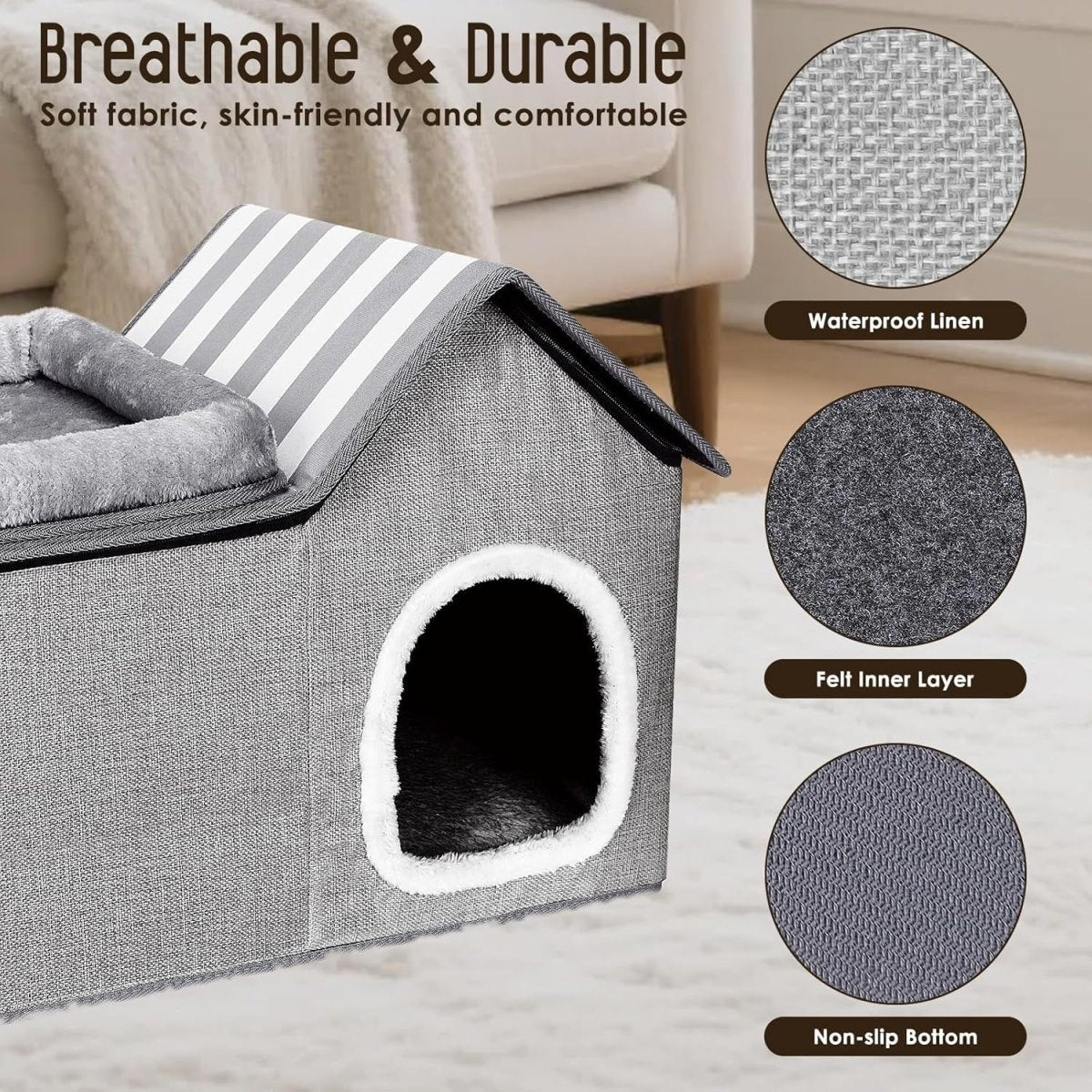 2 in 1 Cat House Bed Large Detachable Cat Cave Washable Cushion Grey - Kwikley