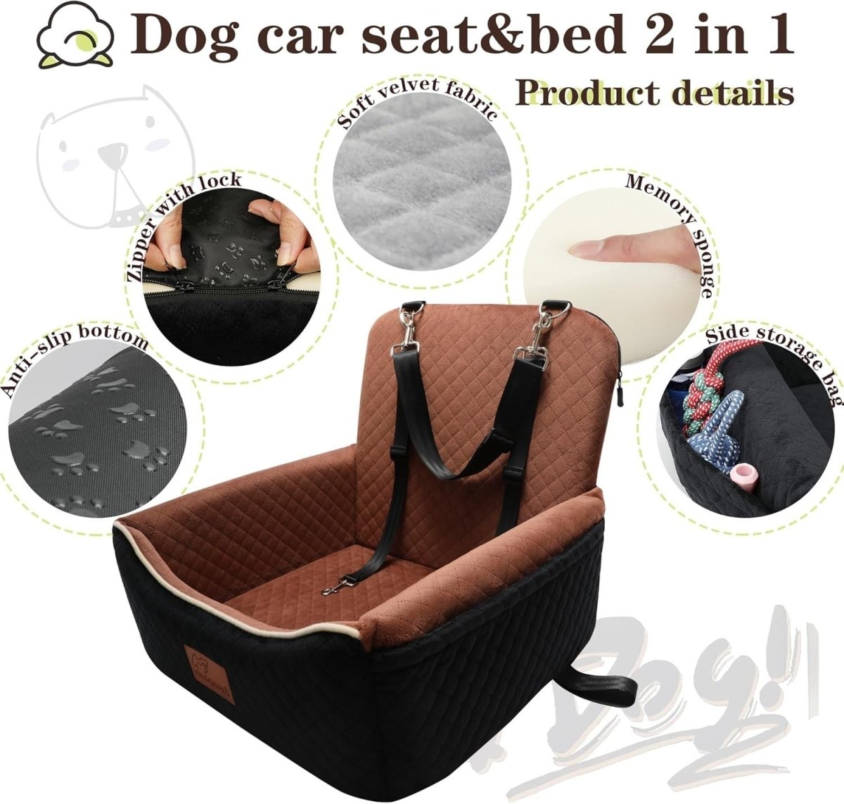2 in 1 Dog Car Seat Booster Bed Travel Cushion Small Dogs 35lb - Kwikley