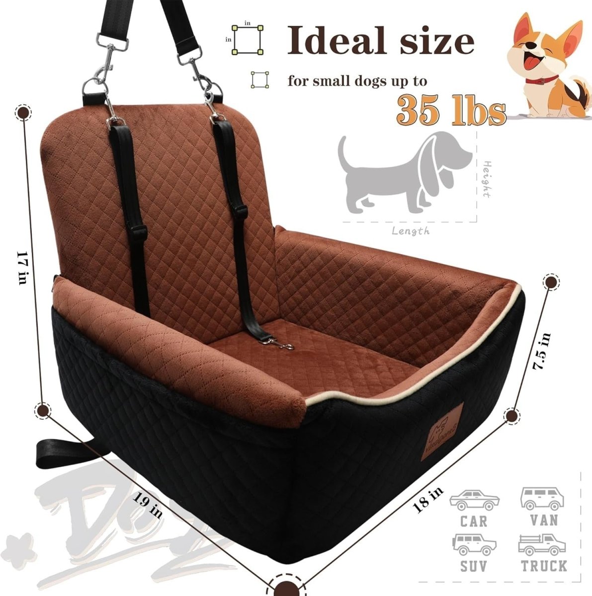 2 in 1 Dog Car Seat Booster Bed Travel Cushion Small Dogs 35lb - Kwikley