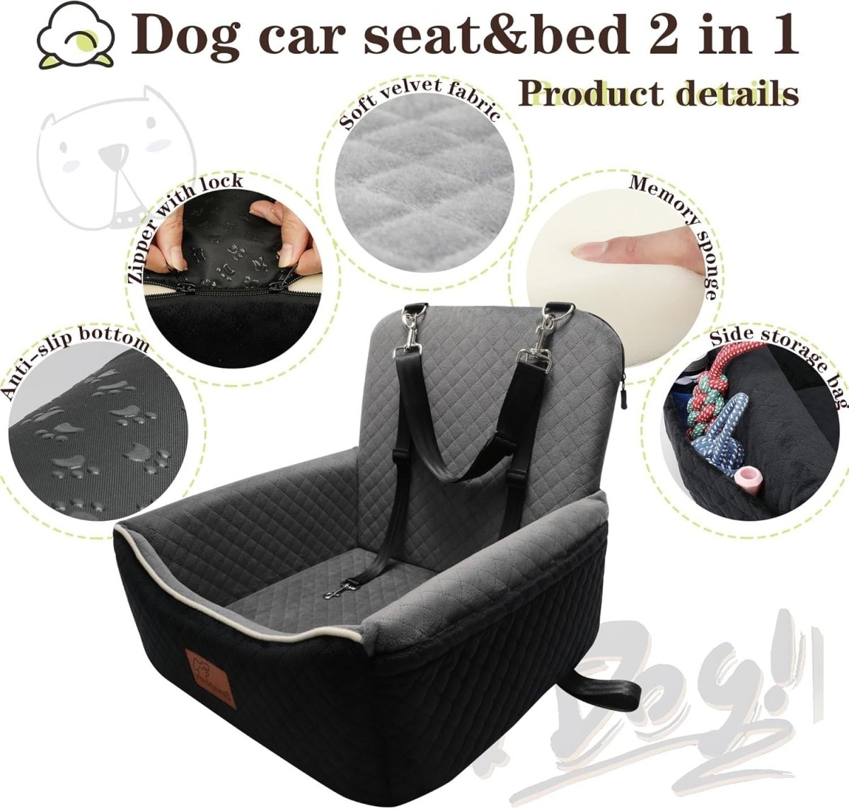 2 in 1 Dog Car Seat Booster Bed Travel Cushion Small Medium Dogs - Kwikley