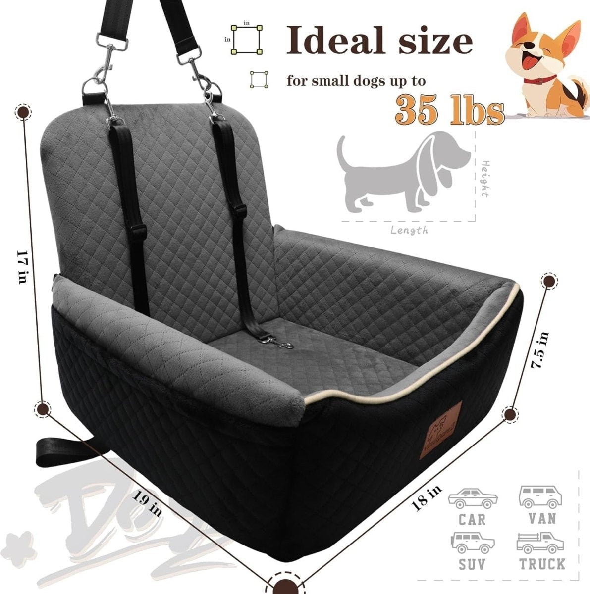 2 in 1 Dog Car Seat Booster Bed Travel Cushion Small Medium Dogs - Kwikley