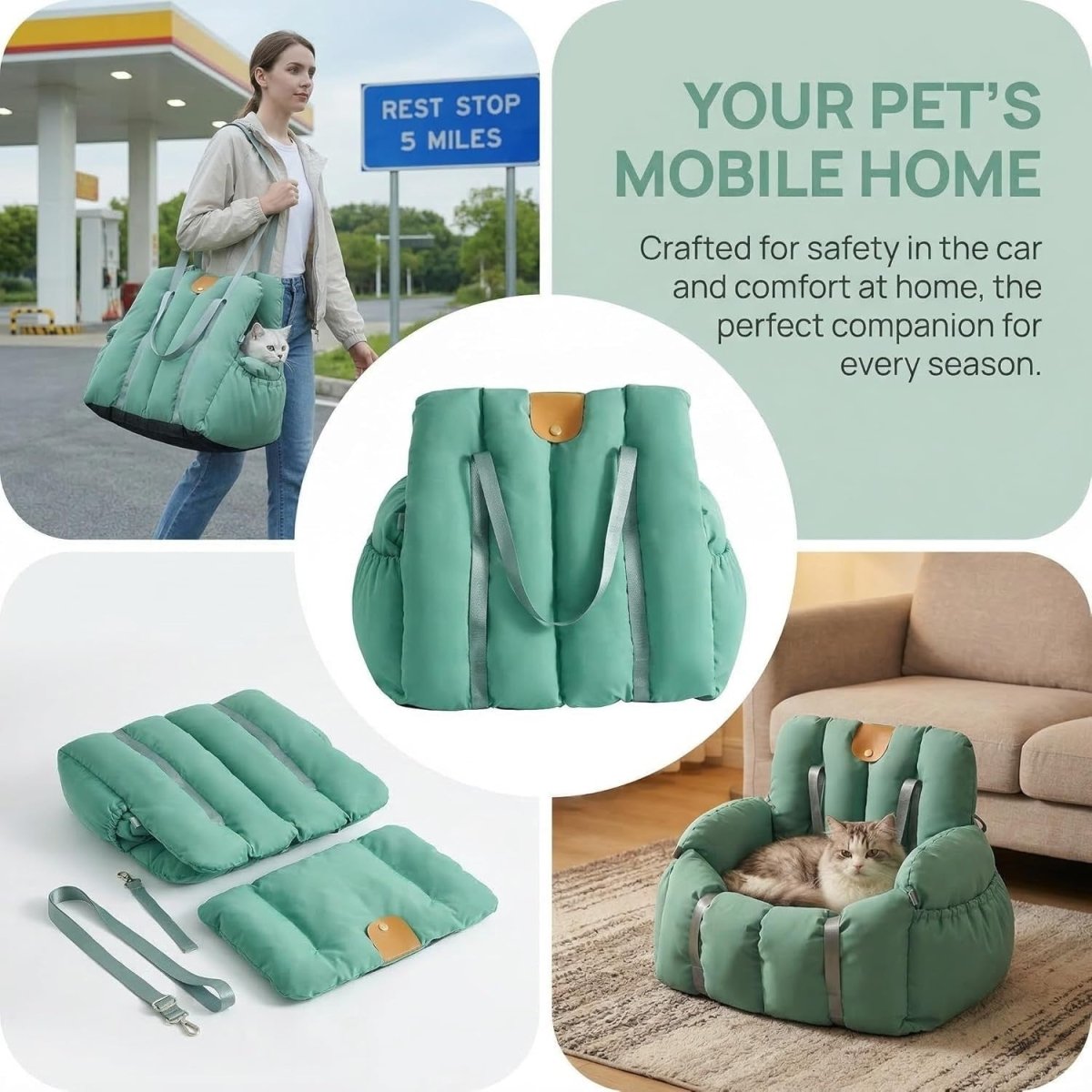 2 in 1 Dog Cat Car Seat Carrier Bed Travel Bag Safety Leash Portable - Kwikley