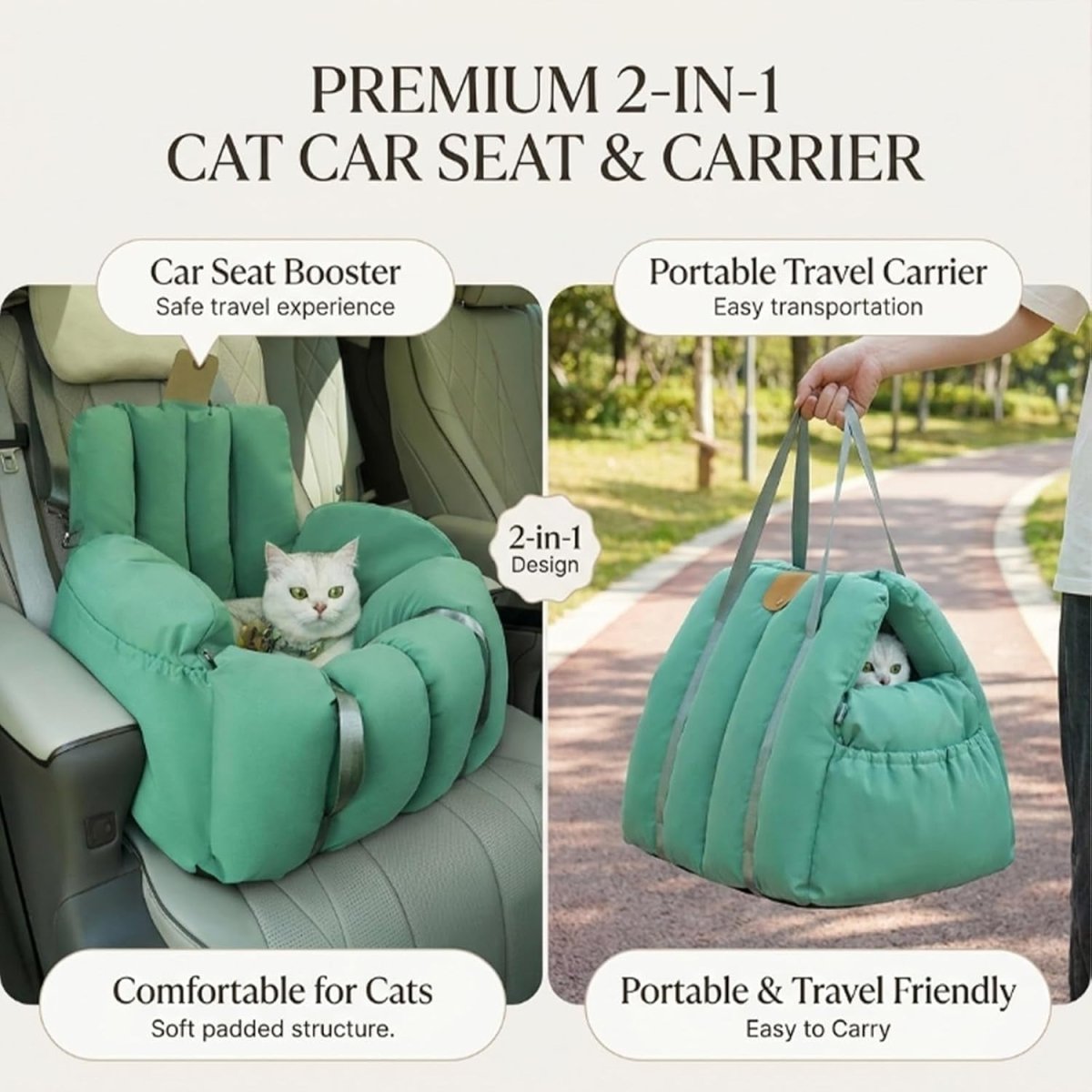 2 in 1 Dog Cat Car Seat Carrier Bed Travel Bag Safety Leash Portable - Kwikley