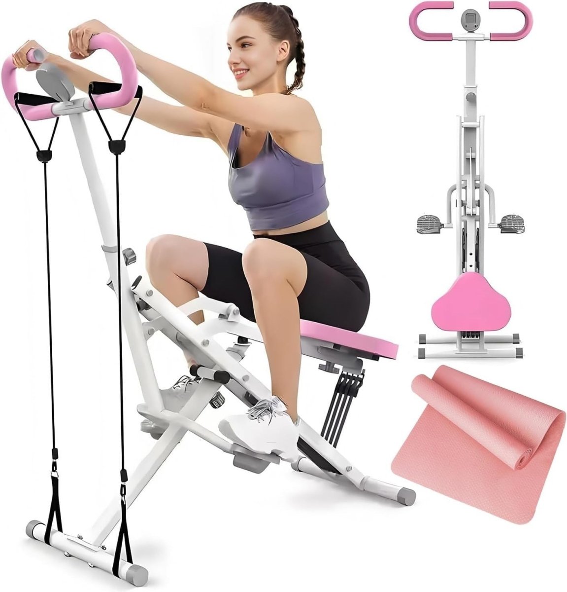 2 in 1 Foldable Squat Rowing Machine Pink w LCD Resistance Bands - Kwikley