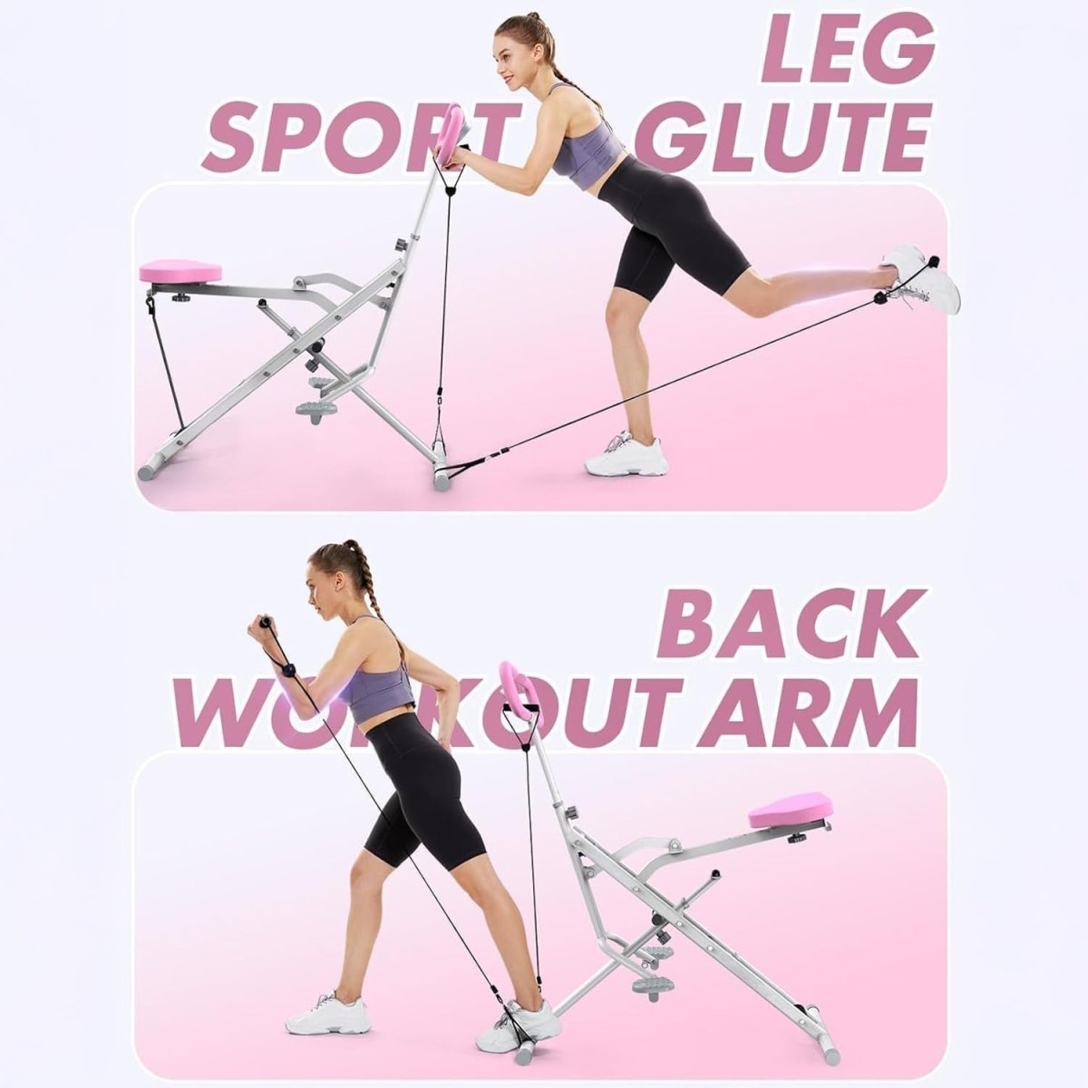2 in 1 Foldable Squat Rowing Machine Pink w LCD Resistance Bands - Kwikley