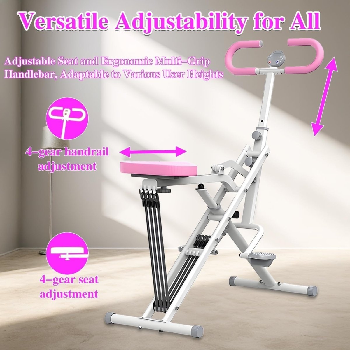 2 in 1 Foldable Squat Rowing Machine Pink w LCD Resistance Bands - Kwikley