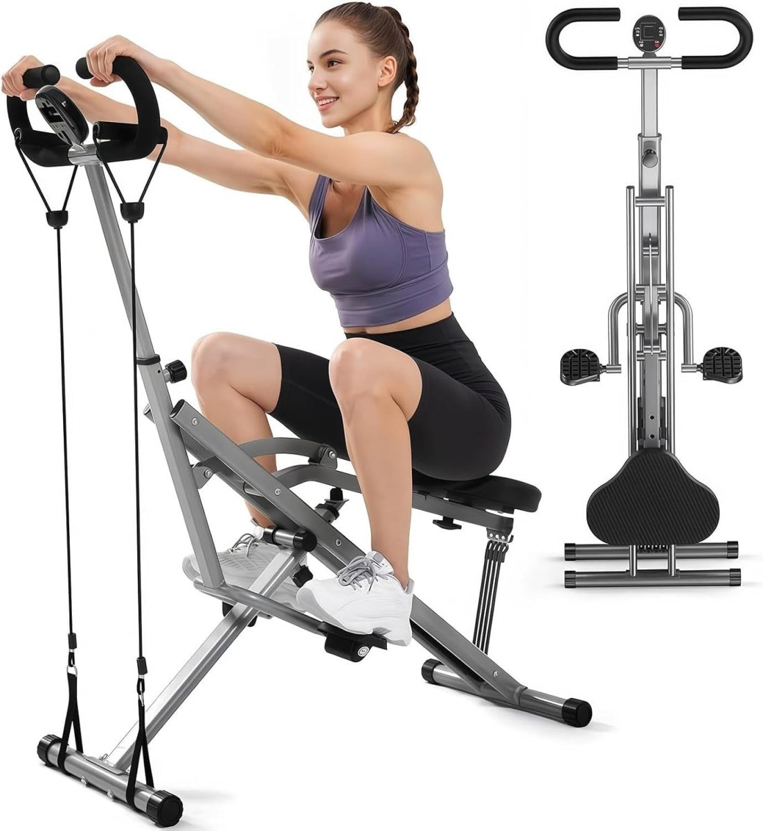 2 in 1 Foldable Squat Rowing Machine w LCD 4 Bands Home Trainer - Kwikley
