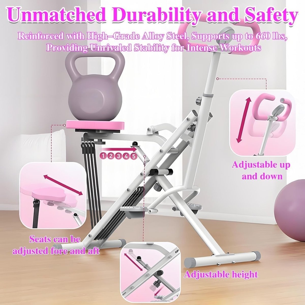 2 in 1 Foldable Squat Rowing Machine w LCD 4 Bands Home Workout - Kwikley