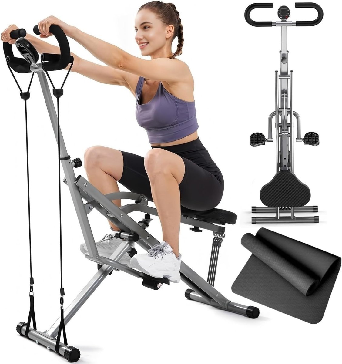 2 in 1 Foldable Squat Rowing Machine w LCD 4 Bands Home Workout - Kwikley