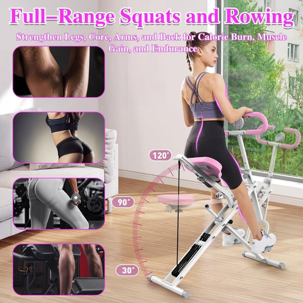 2 in 1 Foldable Squat Rowing Machine w LCD Resistance Bands Home - Kwikley
