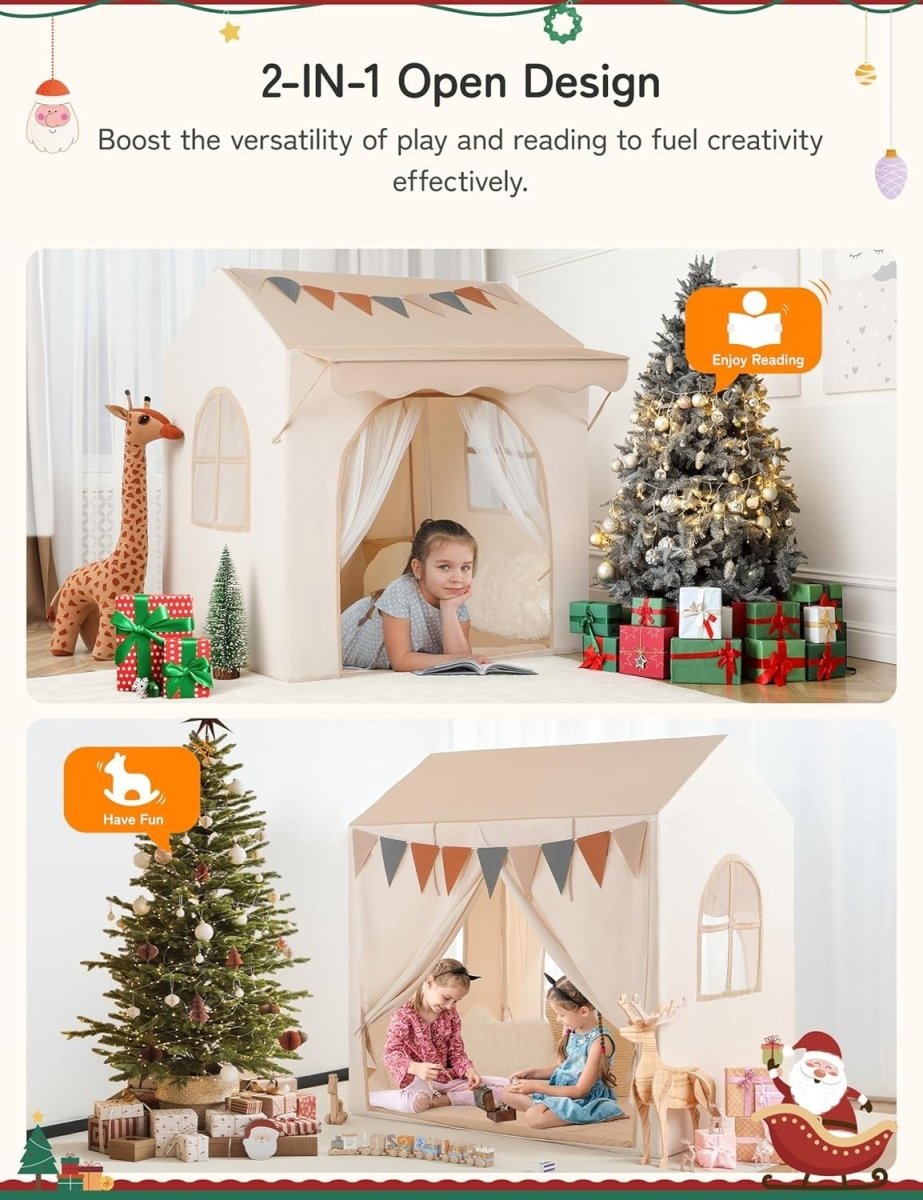 2 in 1 Kids Play Tent Bed Tent with Lights Mat Large Indoor House - Kwikley
