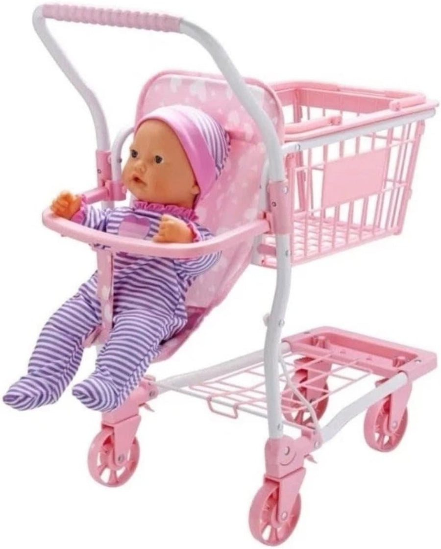 2 in 1 Kids Shopping Trolley Doll Push Cart Basket Toy with Wheels - Kwikley