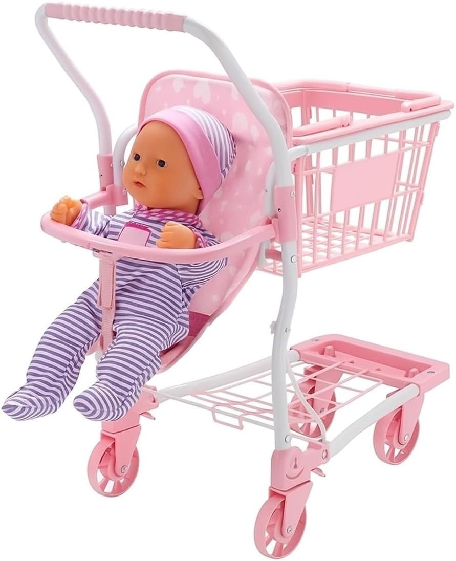 2 in 1 Kids Shopping Trolley Doll Push Cart Basket Toy with Wheels - Kwikley