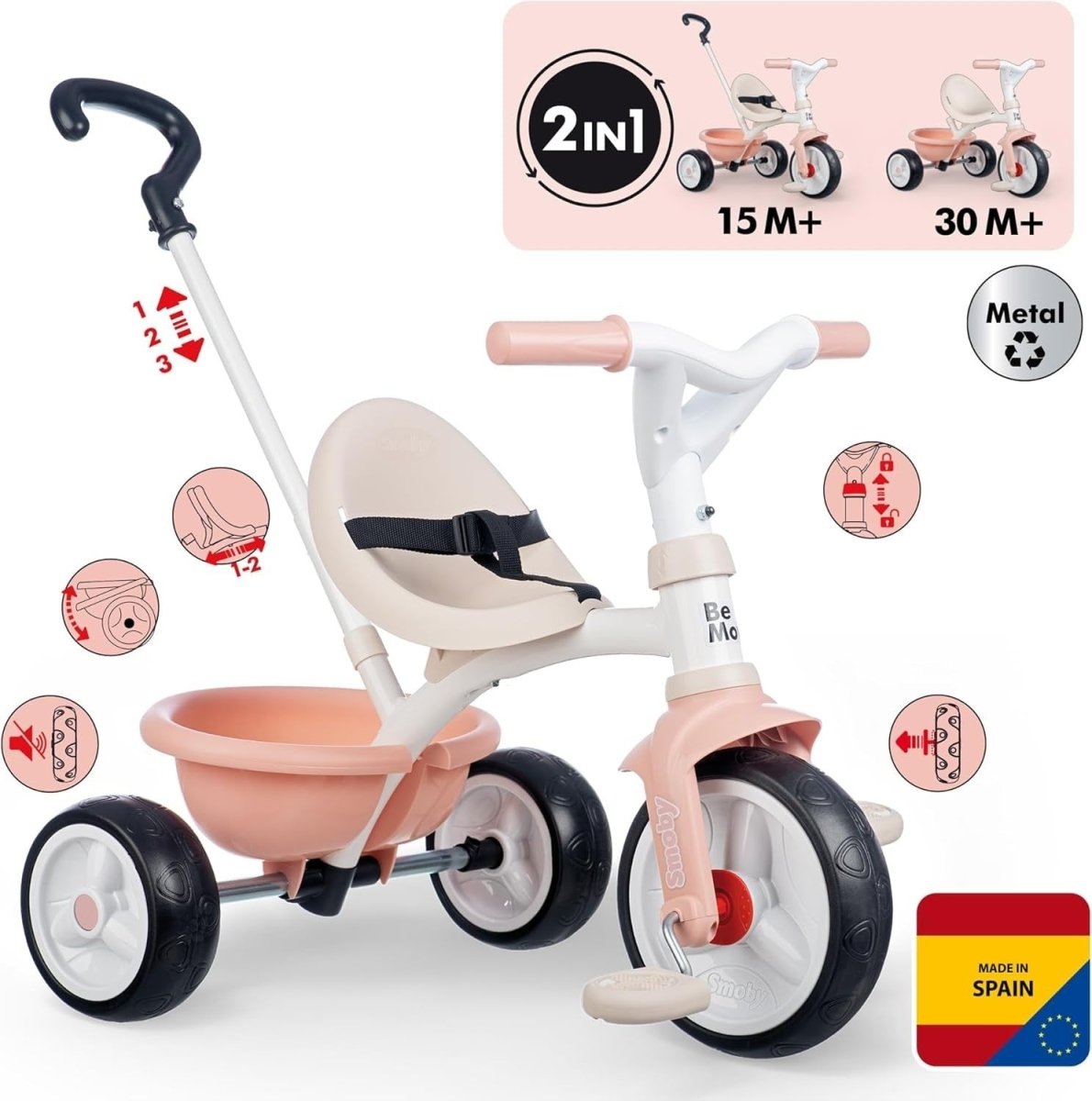 2 In 1 Kids Tricycle Parent Push Handle Safety Harness Pink Toddler Trike - Kwikley