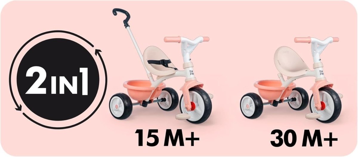 2 In 1 Kids Tricycle Parent Push Handle Safety Harness Pink Toddler Trike - Kwikley