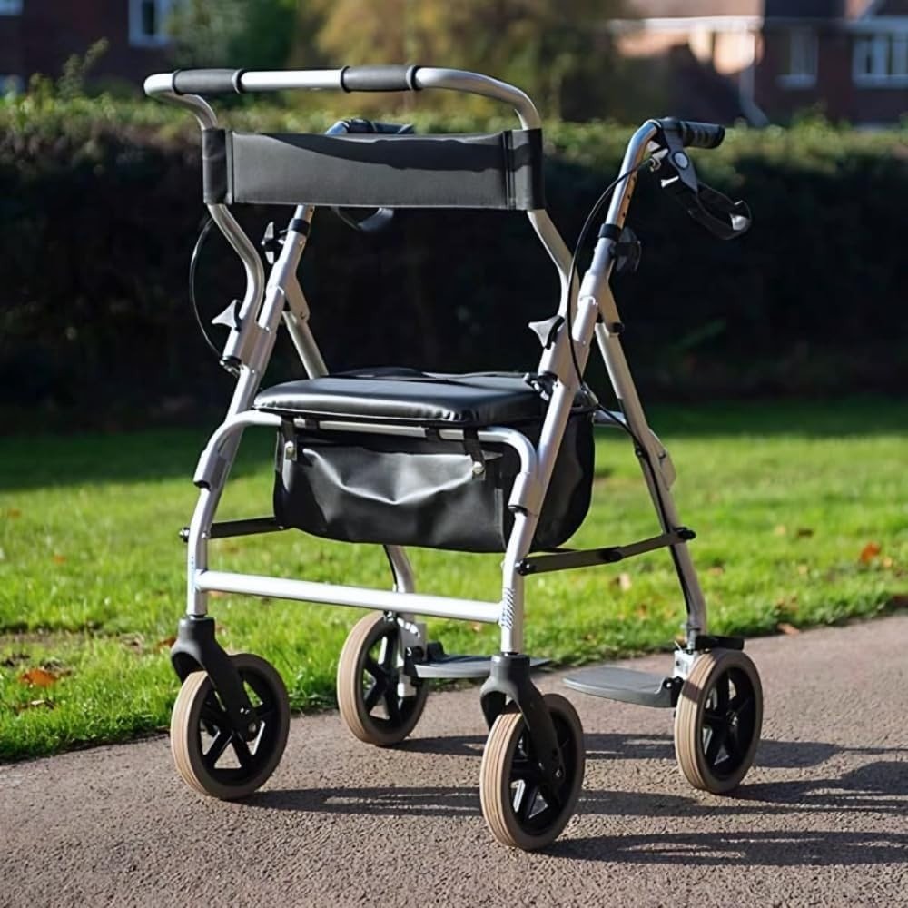 2 in 1 Rollator Walker Transit Chair Folding Height Adjustable Seat Wheels - Kwikley