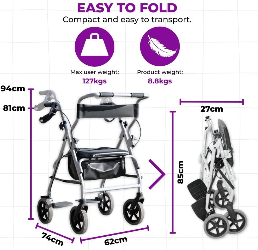 2 in 1 Rollator Walker Transit Chair Folding Height Adjustable Seat Wheels - Kwikley