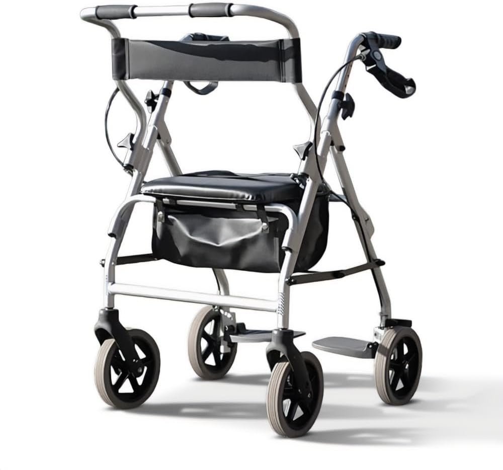 2 in 1 Rollator Walker Transit Chair Folding Height Adjustable Seat Wheels - Kwikley