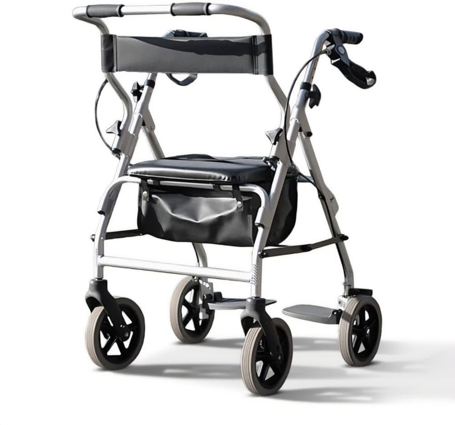 2 in 1 Rollator Walker Transit Chair Folding Height Adjustable Seat Wheels - Kwikley
